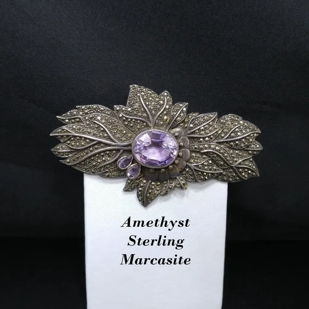 Amethyst Sterling Silver Marcasite Brooch, Artisan Made, 1950s Vintage Jewelry